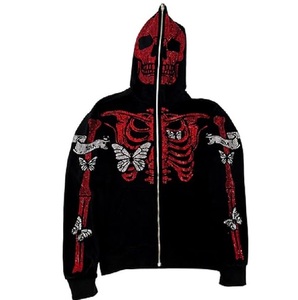 Fashionable Oversized Down Shoulder Skeleton Skull Pattern Printing Hoodies Rhinestones Zipper Pullover Hooded Breathable - Product Image 3