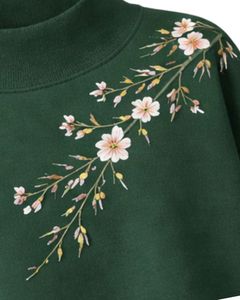 เสื้อสเวตเชิ้ตผ้าฟลีซสีเขียวแบบโอเวอร์ไซส์สำหรับผู้หญิง คอตั้ง ปักลายดอกไม้ สวมใส่สบาย อุ่นสบาย เหมาะสำหรับฤดูหนาว สไตล์สตรีทแวร์ ทรงหลวม - Product Image 6