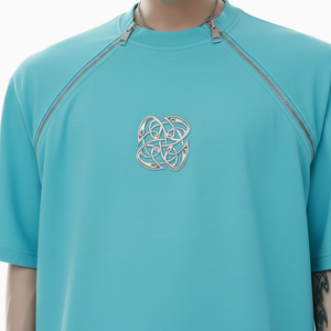 T-shirt oversize en coton pour homme, style streetwear, avec double fermeture éclair et badge métallique personnalisé, été, haute qualité - Product Image 2