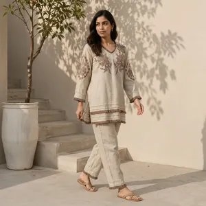 <b>Women</b> Cotton <b>Linen</b> Embroidered Kurta Pant <b>Set</b> Beige Floral V Neck Three Quarter Sleeve Ethnic Casual Wear Comfortable Outfit - Product Image 4