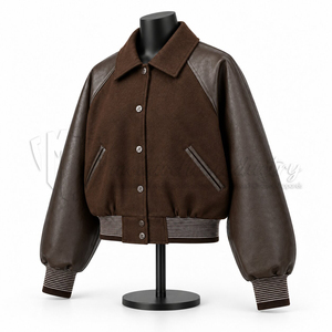 <b>Women</b>’s Cropped Varsity <b>Jacket</b> <b>Brown</b> Wool Body <b>Leather</b> Sleeves Letterman Bomber <b>Jacket</b> Custom Streetwear Wholesale - Product Image 3