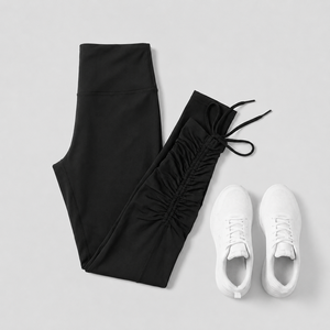 Leggings de sport pour femme taille haute froncés à la cheville, longueur intégrale, noirs unis, extensibles - Product Image 6