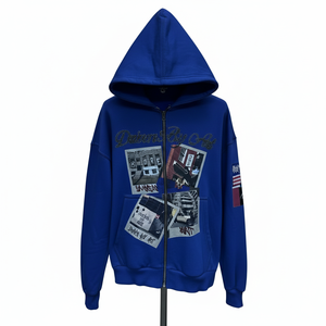 Sweat à capuche zippé oversize pour homme, style streetwear urbain, en molleton bleu roi avec patchwork graphique personnalisé et strass - Product Image 3