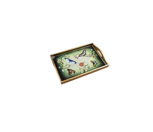 Bandeja Decorativa Rectangular de Madera con Diseño Floral de Mariposas, Bandeja de Servir Tradicional Hecha a Mano - Product Image 1