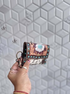 Hand <b>Tooled</b> Carving Western Hair on Hide Fur <b>Leather</b> Small Wristlet Coin Purse Multi Uses Mini Wallet for Women Western Gifts - Product Image 2