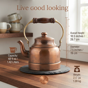 Bouilloire à thé vintage en cuivre artisanale avec couvercle et poignée en laiton, théière vintage pour cuisinière, pot à eau bouillante et à café - Product Image 2