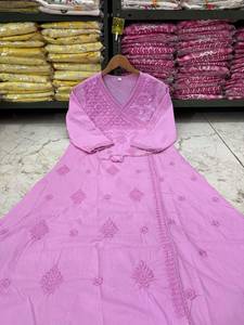 Women's Pink Cotton <b>Chikankari</b> Embroidery A-Line Kurti with Pant Regular Fit Knee Length Casual Wear <b>Suit</b> Set - Product Image 5