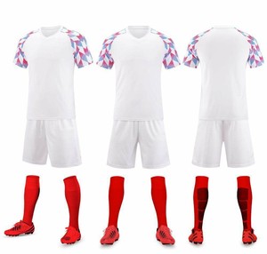 Custom <b>Men's</b> <b>White</b> Soccer Jersey Set With Geometric Print Sleeves Red <b>Socks</b> And Cleats Breathable Polyester Uniforms All Seasons - Product Image 1