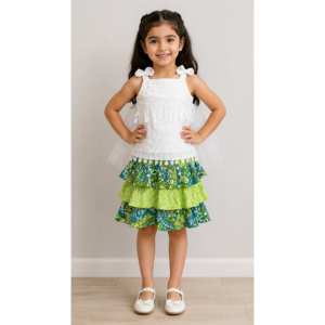 Top para niñas con falda de algodón, blanco y verde lima, sin mangas, totalmente bordado, poliéster - Product Image 5