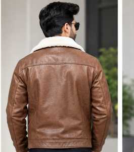 <b>Men's</b> Brown <b>Leather</b> <b>Jacket</b> With <b>Faux</b> Fur Collar Zipper Closure Biker Style - Product Image 3