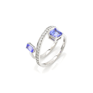 Bague Crossover Prête à Expédier, Authentique, 1,08 CTW, Tanzanite et Diamant Taille Carrée, Empilable, en Or Blanc Massif 14 carats, Bijoux - Product Image 5