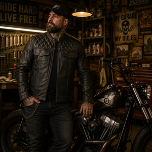 Veste de motard en cuir véritable pour homme, écologique, sans col, design matelassé, fermeture éclair, doublure Paisley, style moto, hiver - Product Image 4