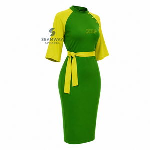 Vestido Midi Ajustado de Mujer Chi Eta Phi con Bloques de Color Verde y Amarillo en Contraste, Manga Capa, Detalle de Botones y Lazo en la Cintura - Product Image 2