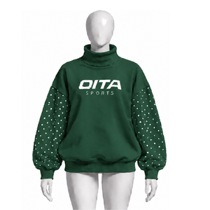 เสื้อสเวตเชิ้ตคอเต่าสีเขียวป่าทรงโอเวอร์ไซส์สำหรับผู้หญิง แขนเสื้อประดับมุก ทรงหลวม สไตล์ลำลอง สตรีทแวร์ แขนยาว สำหรับฤดูหนาว - Product Image 1