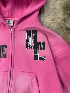 Customized Pink Cropped Zip Up Hoodie Women Oversized Fleece Hooded Sweatshirt <b>Rhinestone</b> Graphic Full Zip <b>Jacket</b> - Product Image 4