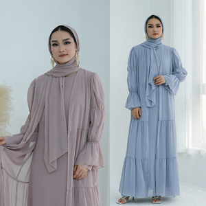 Brown Long Sleeve Modest <b>Abaya</b> With Tiered Hem And Belt For <b>Women</b> Floor Length Solid Color Lightweight Daily Wear Dress - Product Image 4