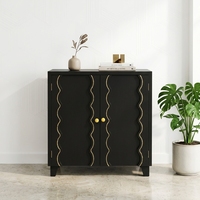 Meuble buffet d'entrée vintage français noir à 2 portes avec ligne ondulée dorée en bois massif, meuble de rangement