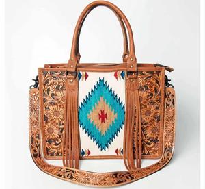 Handmade Durable Leather Office Laptop Tote <b>Bag</b> Black <b>White</b> Aztec Wool Pattern Bohemian Style Heavy-Duty Metal Zipper Closure - Product Image 1