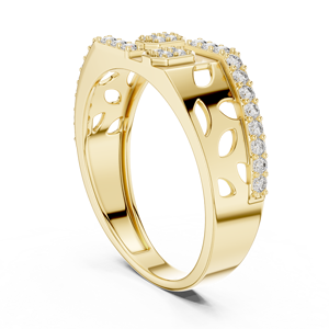 Bague en or jaune avec diamant rond taille brillant, incrustation hexagonale pavée, alliance de fiançailles pour femme, style classique - Product Image 4
