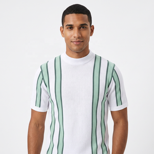 Men's Knitted Short Sleeve Striped T-Shirt O-Neck Casual Regular Fit White Green Patterned <b>Top</b> - Product Image 6