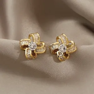 Moissanite Flower <b>Stud</b> Earrings 925 Sterling <b>Silver</b> Gold Plated Luxury Baguette Round Cut Claw Setting Trendy Bridal Jewelry - Product Image 2