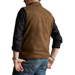 Gilet en toile marron pour homme, col montant, fermeture éclair, style décontracté, poches, longueur standard, respirant, idéal pour l'automne - Product Image 2