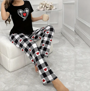 Conjunto de Pijama de Verano para Mujer, 2 Piezas, Mezcla de Poliéster/Algodón, Estampado, Transpirable, de Secado Rápido, Antibacterial, Cuello Alto - Product Image 1