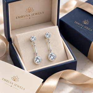 Pendientes de Plata de Ley 925 con Aguamarina – Joyería Colgante con Dos Piedras Redondas Engastadas - Product Image 4