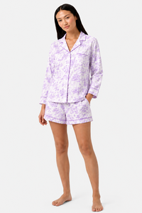 Conjunto de Pijama Corto Floral Morado Personalizado para Mujer, Ropa de Dormir Estampada con Botones Delanteros, Conjunto de Salón Suave - Product Image 3
