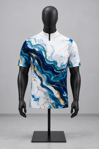 เสื้อโปโลแขนสั้นผู้ชาย พิมพ์ลายดิจิทัลสีน้ำเงินทอง ลายกราฟิกนามธรรม ผ้าถักโพลีเอสเตอร์ ดีไซน์ซิปด้านหน้า สไตล์ลำลอง - Product Image 4
