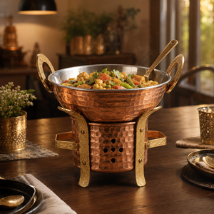 Hammered <b>Copper</b> Chafing Dish Food Warmer with Stainless Steel Serving Bowl Brass Handles Buffet Catering Hotel Restaurant Decor - Product Image 4
