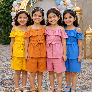 Kid Girls Solid Short Sleeve Comfortable Dress Set <b>Bow</b> Details Cotton Outfit Summer Clothing Stock Lot Bangladesh - Product Image 4