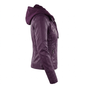 Veste à capuche en cuir PU violet pour femme, style motard, fermeture éclair, coupe-vent, manches longues - Product Image 2