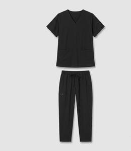 Ensemble de blouses médicales pour femmes, haut noir à col en V avec poches, pantalon à cordon, uniformes d'hôpital, tissu tissé en coton et polyester - Product Image 1