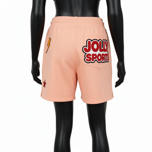 Shorts de bain pour femmes en coton et polyester, couleur pêche, avec patch graphique en chenille brodé, logo personnalisé. - Product Image 3