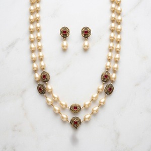 Luxury 2 Layer Pearl Beaded Necklace Set Gold Plated Antique Floral Ruby Stone Statement Jewelry with Matching Earrings - Product Image 3