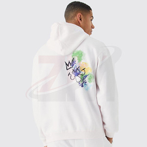 Front Print Men's <b>White</b> Hooded <b>Tracksuit</b> Set With Back Hand-Painted Logo Full Sleeve Regular Fit Casual Autumn Wear 100% Cotton - Product Image 4