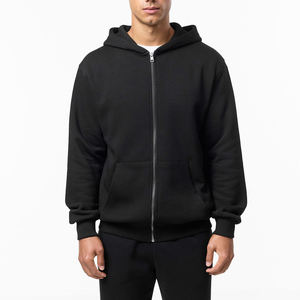Survêtement à capuche zippé noir pour homme avec poches latérales, coupe décontractée, couleur unie, 100 % coton, poids moyen, idéal pour l'automne - Product Image 3