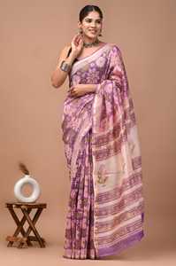 Sari de Seda Chanderi con Estampado a Mano de Primera Calidad para Mujer, Ropa Étnica Tradicional India de Diseñador - Product Image 1