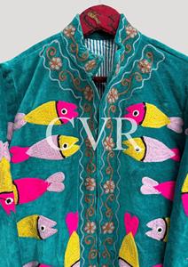 Abrigo de terciopelo con patrón de peces bordado a mano, cuello mandarín, manga larga, talla grande, ropa exterior informal de otoño para mujer - Product Image 4