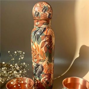 Bouteille d'eau en cuivre imprimée à la main 1000 ml, anti-fuite, bienfaits ayurvédiques, récipient en cuivre pur pour le yoga, la gym, le sport, cadeau - Product Image 1