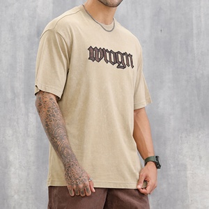 T-shirt en coton tricoté à manches courtes coupe classique pour homme, beige, style urbain, col rond, imprimé motif lettres unies - Product Image 3