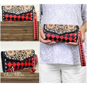 Elegante Cartera de Cuero Vacuno con Diseño Nuevo y Exclusivo, Patrón a Cuadros, Cartera de Lujo con Grabado Floral, Bolso Elegante para Mujer - Product Image 1