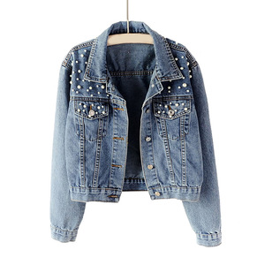 Best Quality Women's Jeans <b>Jacket</b> Gray Color Cotton Made Front Pocket Street Wear Full Sleeve Jeans <b>Jackets</b> With <b>Rhinestone</b> - Product Image 1