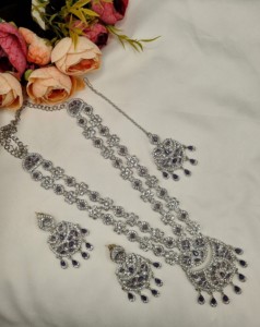 Elegant Rhodium Plated Cubic Zirconia <b>Jewellery</b> <b>Set</b> Multi Layer Long Necklace Matching Earrings Mangtika Partywear <b>Set</b> Wholesale - Product Image 4