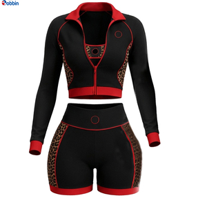 Conjunto Deportivo de 2 Piezas para Mujer, Estilo Hip Hop, Negro con Estampado de Leopardo Rojo, Chaqueta con Cremallera de Manga Larga y Pantalones Cortos, Ropa Deportiva para Primavera/Verano - Product Image 1