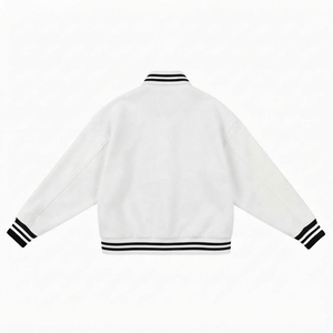 <b>White</b> Varsity Jacket Unisex Preppy Style <b>Fleece</b> Button Front Regular Fit Autumn Wear Solid Color Turn-down Collar - Product Image 2