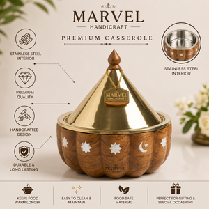 Marvel Handicraft Premium Wooden Insulated Casserole with Gold Stainless Steel Tagine Lid Luxury Hot <b>Food</b> <b>Server</b> Gift Bowl - Product Image 3