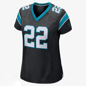 Carolina Panthers para Mujer # 22 Camiseta de fútbol negra con cuello en V, manga corta, que absorbe la humedad, ropa ajustada - Product Image 1