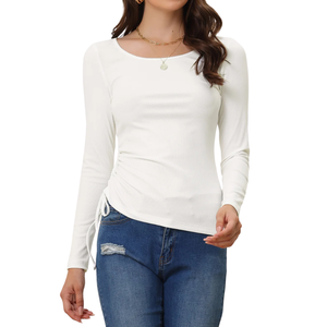 Camiseta roja ajustada para mujer, informal, de cuello redondo, manga larga, diseño personalizado, de algodón y elastano, para pedidos al por mayor - Product Image 6